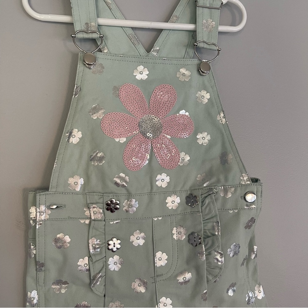 Little Lass Blue Denim Overall Roper Flower Size 5 Light Teal Pink - Picture 2 of 6